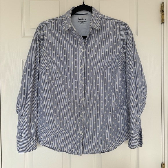 Boden Women's Relaxed Weekend Polka Dot Striped Shirt Blue White Cotton Size 6 - Picture 1 of 6